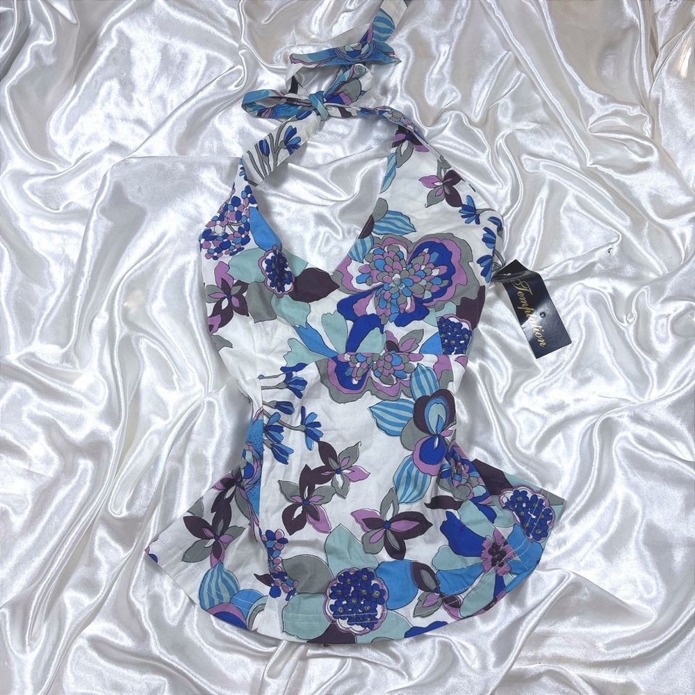 y2k Halter Top Blue NWT Floral Print V-Neck Cotton Blend Back Zip Summer Shirt